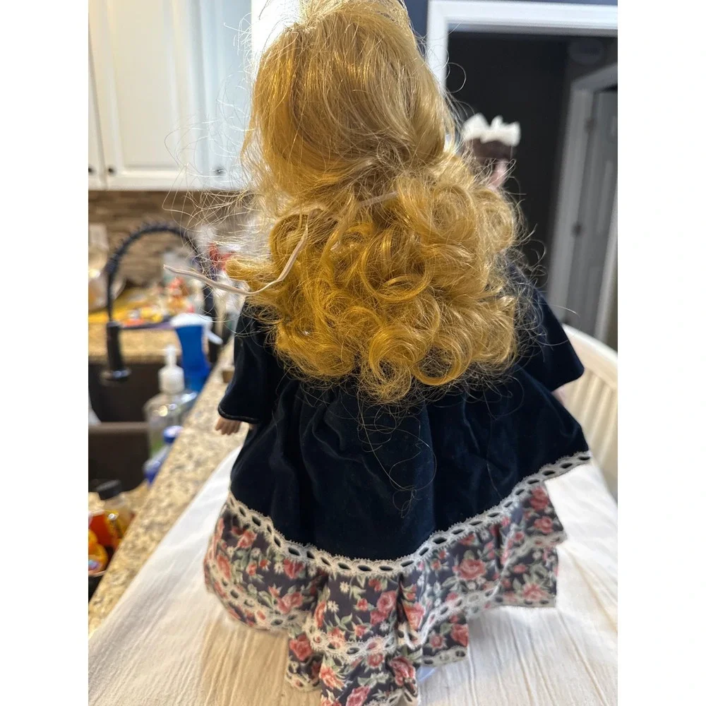 Vintage Porcelain Collector Doll 16 inch Blue Velvet Floral Lace Victorian Style